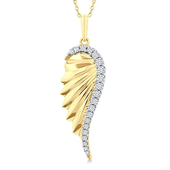 1/5 Ctw Fluted Texture Angel Wing Round Cut Diamond Pirouette Fashion Pendant With Chain in 10K Yellow Gold