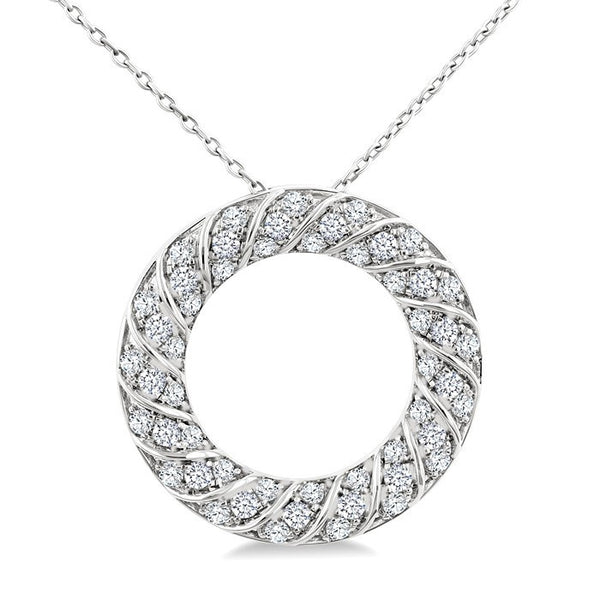 1/2 Ctw Ribbed Swirl Circle Round Cut Diamond Pirouette Fashion Pendant With Chain in 14K White Gold