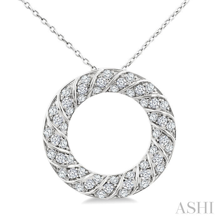 1/2 Ctw Ribbed Swirl Circle Round Cut Diamond Pirouette Fashion Pendant With Chain in 14K White Gold
