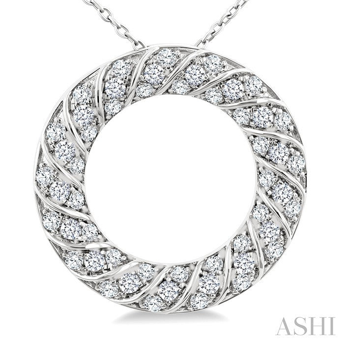 1/2 Ctw Ribbed Swirl Circle Round Cut Diamond Pirouette Fashion Pendant With Chain in 14K White Gold