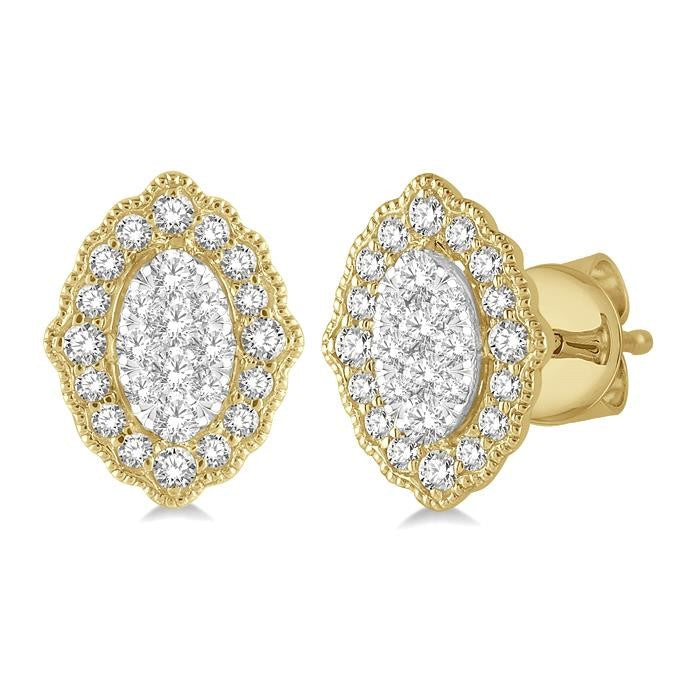 1/4 Ctw Lattice Edge Oval Shape Shine Bright Round Cut Diamond Earrings in 14K Yellow and White Gold