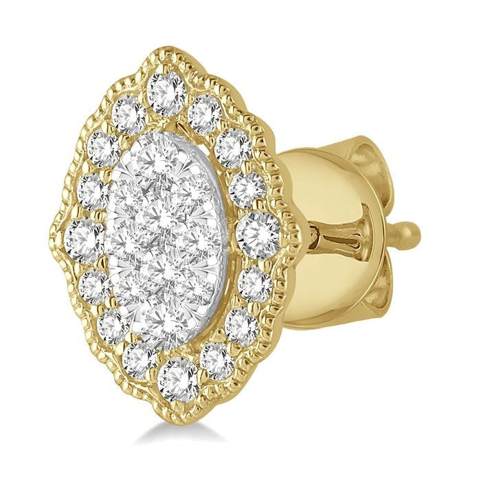 1/4 Ctw Lattice Edge Oval Shape Shine Bright Round Cut Diamond Earrings in 14K Yellow and White Gold