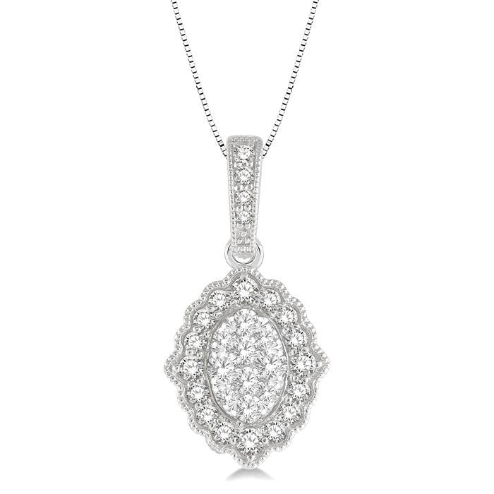 1/4 Ctw Lattice Edge Oval Shape Shine Bright Round Cut Diamond Pendant With Chain in 14K White Gold