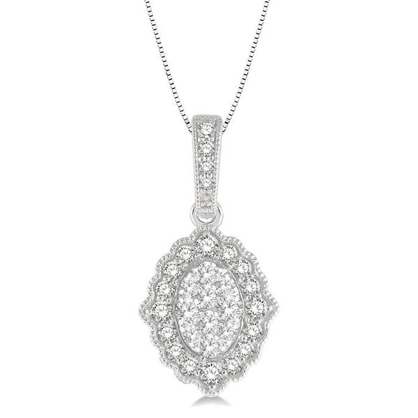 1/4 Ctw Lattice Edge Oval Shape Shine Bright Round Cut Diamond Pendant With Chain in 14K White Gold