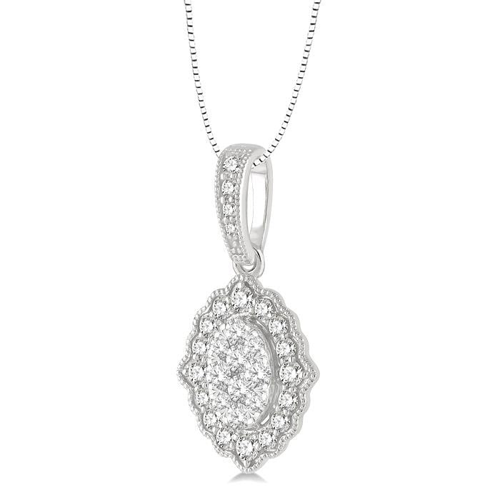 1/4 Ctw Lattice Edge Oval Shape Shine Bright Round Cut Diamond Pendant With Chain in 14K White Gold
