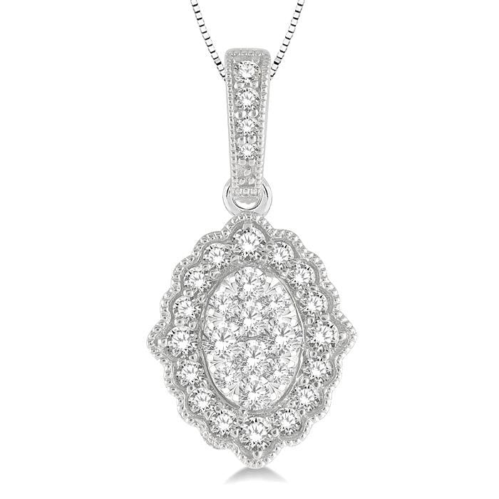1/4 Ctw Lattice Edge Oval Shape Shine Bright Round Cut Diamond Pendant With Chain in 14K White Gold