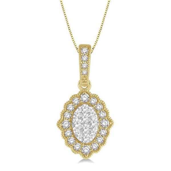 1/4 Ctw Lattice Edge Oval Shape Shine Bright Round Cut Diamond Pendant With Chain in 14K Yellow and White Gold