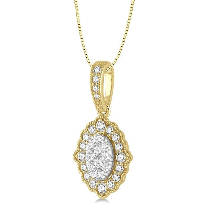 1/4 Ctw Lattice Edge Oval Shape Shine Bright Round Cut Diamond Pendant With Chain in 14K Yellow and White Gold