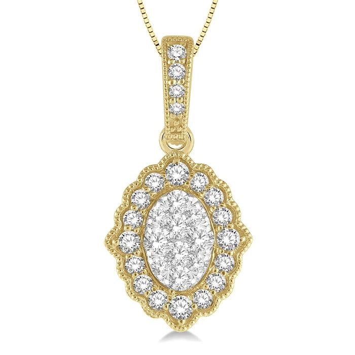 1/4 Ctw Lattice Edge Oval Shape Shine Bright Round Cut Diamond Pendant With Chain in 14K Yellow and White Gold