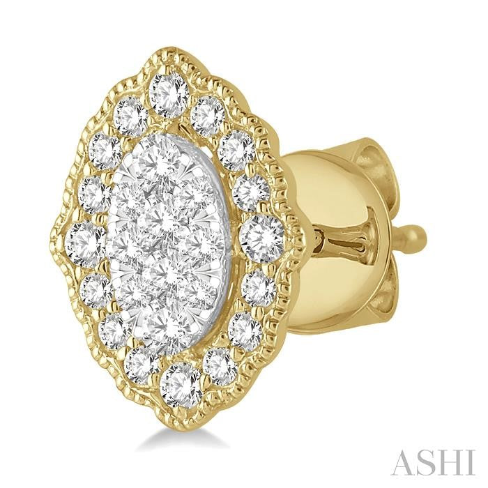 1/4 Ctw Lattice Edge Oval Shape Shine Bright Round Cut Diamond Earrings in 14K Yellow and White Gold