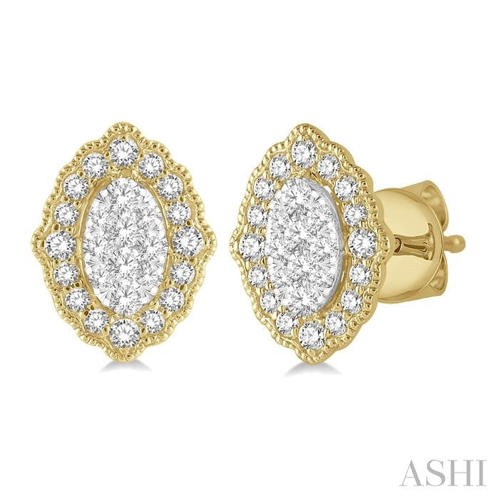 1/4 Ctw Lattice Edge Oval Shape Shine Bright Round Cut Diamond Earrings in 14K Yellow and White Gold