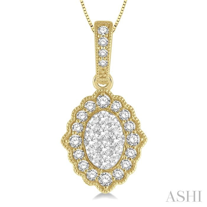 1/4 Ctw Lattice Edge Oval Shape Shine Bright Round Cut Diamond Pendant With Chain in 14K Yellow and White Gold