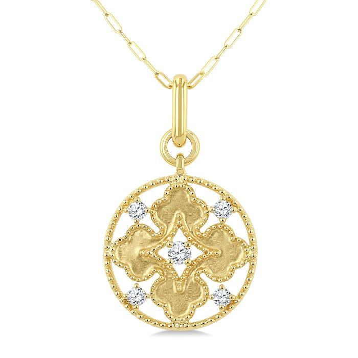 1/5 Ctw Floral Motif Open Window Circular Medallion Round Cut Diamond Fashion Pendant With Chain in 10K Yellow Gold