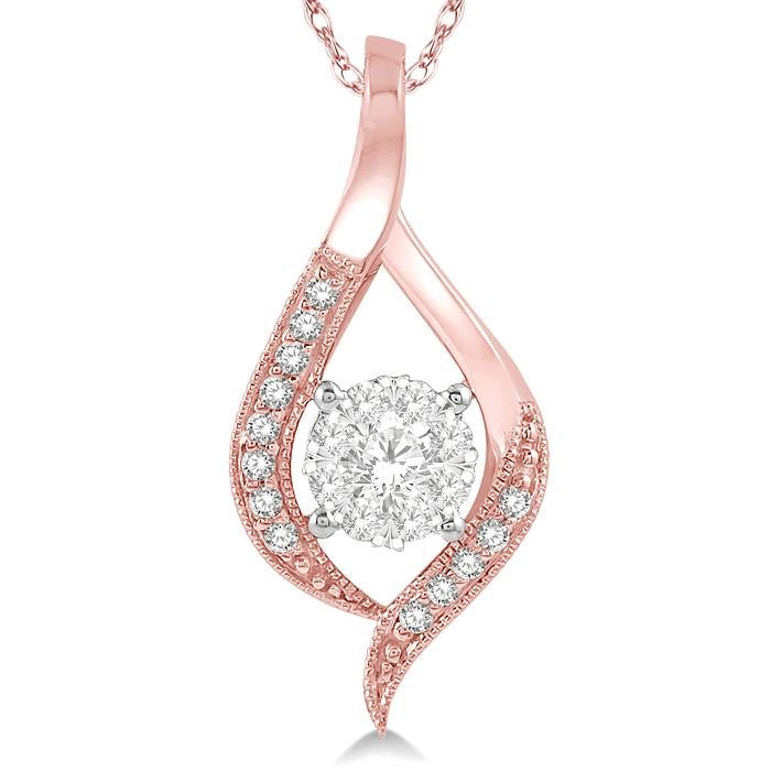 1/5 Ctw Curved Shine Bright Round Cut Diamond Pendant in 14K Rose and White Gold with chain