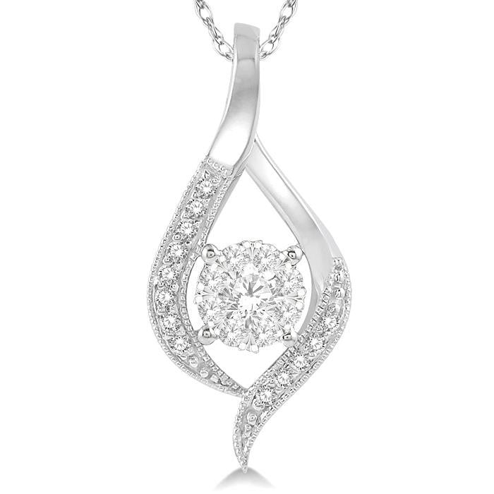 1/5 Ctw Curved Shine Bright Round Cut Diamond Pendant in 14K White Gold with chain