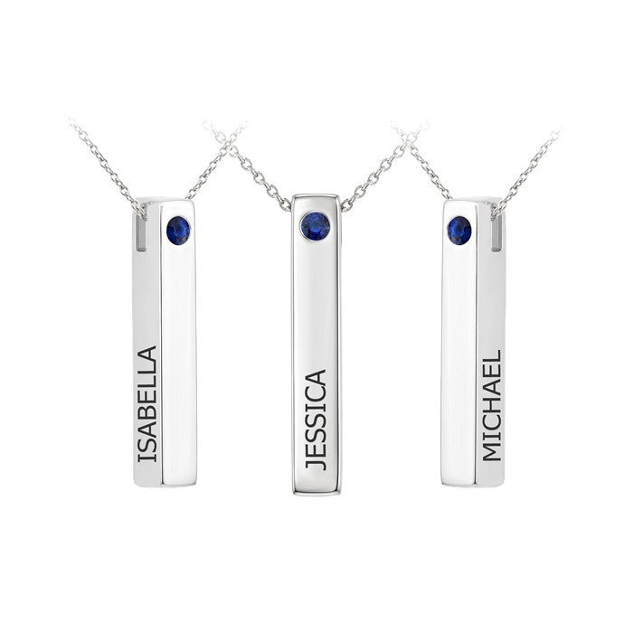 2.50 MM Round Shape Sapphire 'Isabella, Jessica, Michael' Precious Engraved Bar Name Pendant With Chain in 14K White Gold