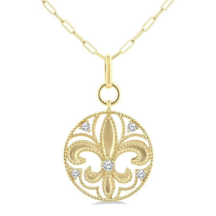 1/4 Ctw Fleur De Lis Round Cut Diamond Fashion Medallion Pendant With Chain in 14K Yellow Gold