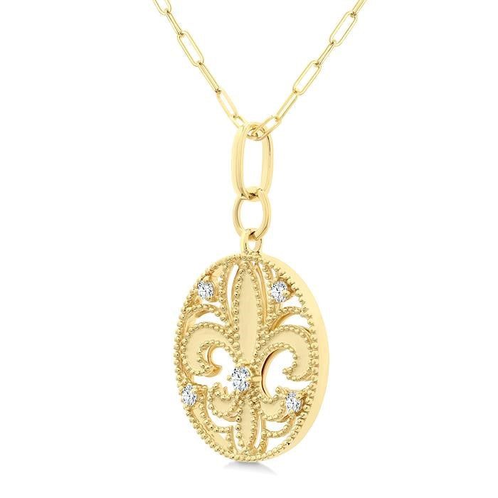 1/4 Ctw Fleur De Lis Round Cut Diamond Fashion Medallion Pendant With Chain in 14K Yellow Gold