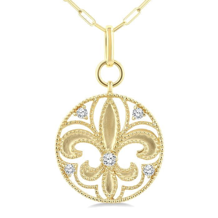 1/4 Ctw Fleur De Lis Round Cut Diamond Fashion Medallion Pendant With Chain in 14K Yellow Gold