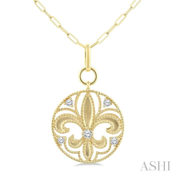 1/4 Ctw Fleur De Lis Round Cut Diamond Fashion Medallion Pendant With Chain in 14K Yellow Gold