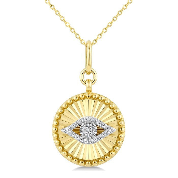 1/10 Ctw Round Cut Diamond Evil Eye Round Fluted Medallion Fashion Pendant With Chain in 10K Yellow and White Gold