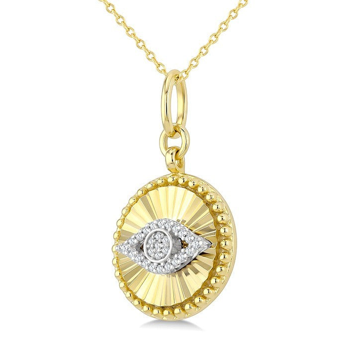 1/10 Ctw Round Cut Diamond Evil Eye Round Fluted Medallion Fashion Pendant With Chain in 10K Yellow and White Gold