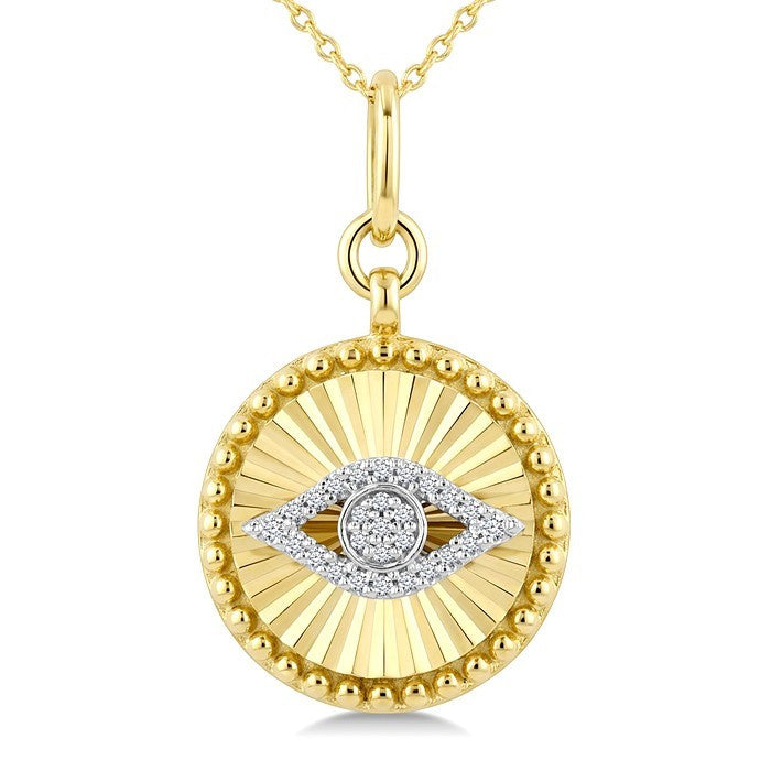 1/10 Ctw Round Cut Diamond Evil Eye Round Fluted Medallion Fashion Pendant With Chain in 10K Yellow and White Gold