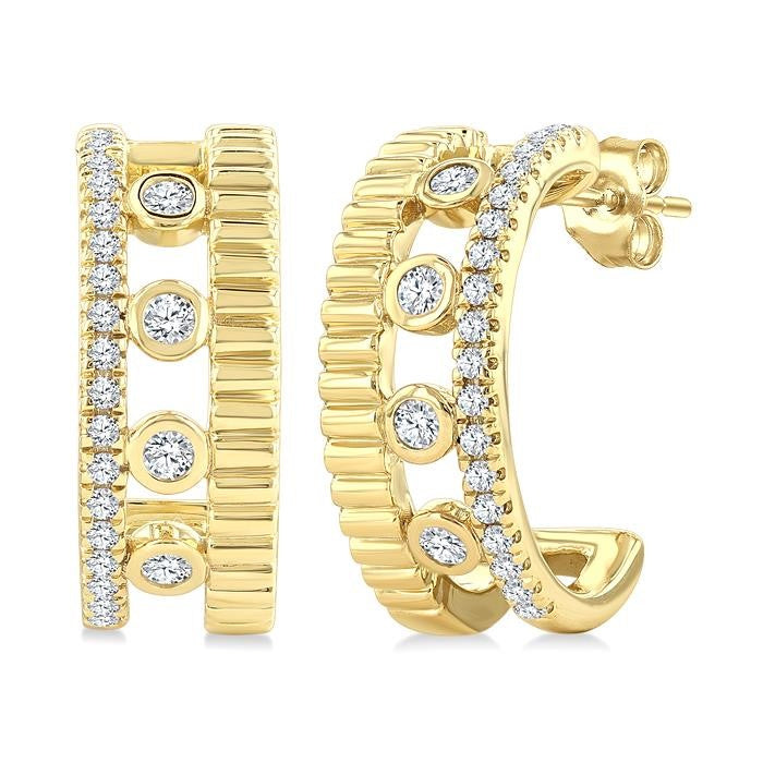 1/5 Ctw Bezel and Prong Set Round Cut Diamond Bold Fluted Fashion Earrings in 10K Yellow Gold