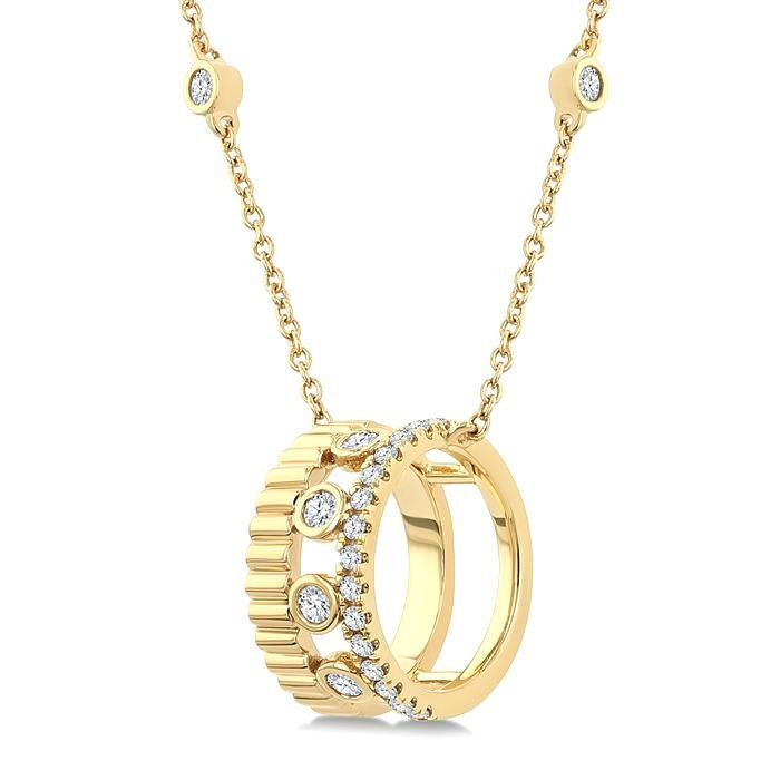 1/5 Ctw Bezel and Prong Set Round Cut Diamond Bold Fluted Layered Fashion Pendant With Chain in 10K Yellow Gold