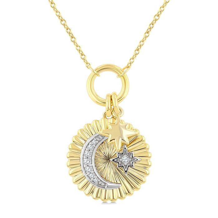 1/20 Ctw Fluted Medallion Crescent Moon & Star Charm Round Cut Diamond Pirouette Fashion Pendant With Chain in 10K Yellow and White Gold