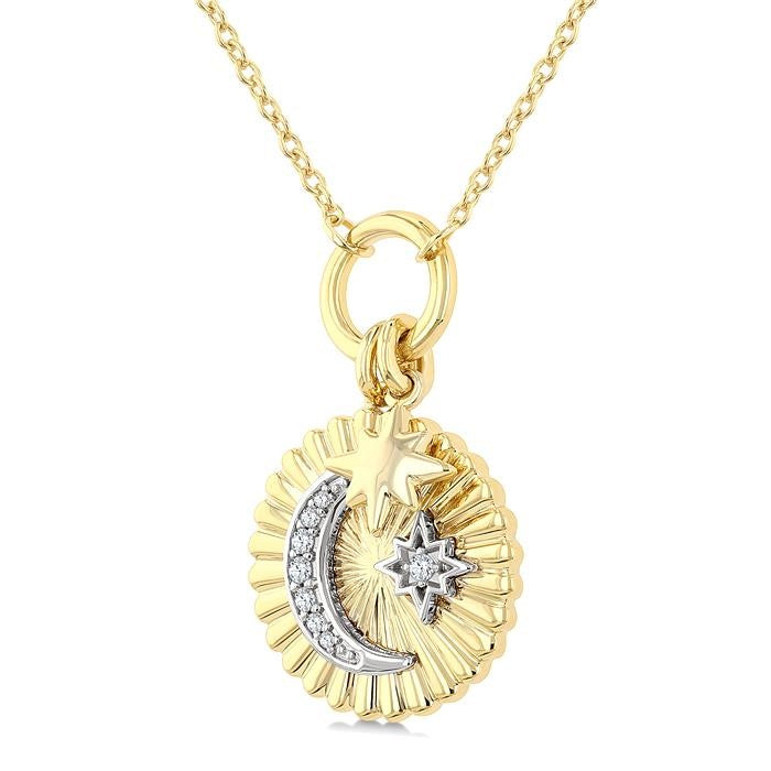 1/20 Ctw Fluted Medallion Crescent Moon & Star Charm Round Cut Diamond Pirouette Fashion Pendant With Chain in 10K Yellow and White Gold