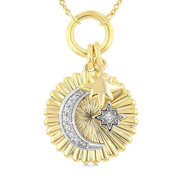 1/20 Ctw Fluted Medallion Crescent Moon & Star Charm Round Cut Diamond Pirouette Fashion Pendant With Chain in 10K Yellow and White Gold