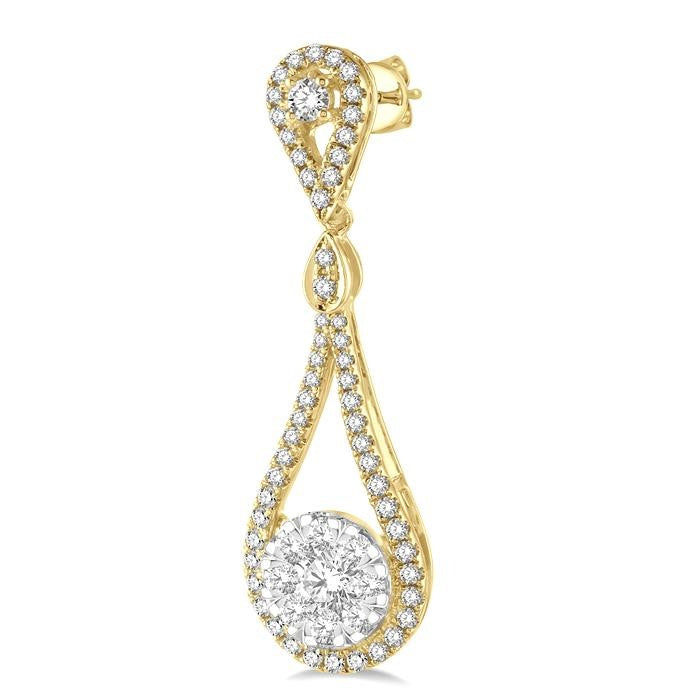1 Ctw Loop Dangler Round Cut Diamond Shine Bright Hanging Earrings in 14K Yellow and White Gold