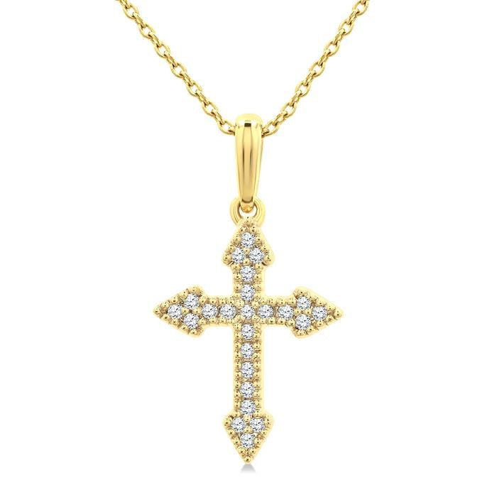 1/8 Ctw Round Cut Diamond Cross Petite Pendant With Chain in 10K Yellow Gold
