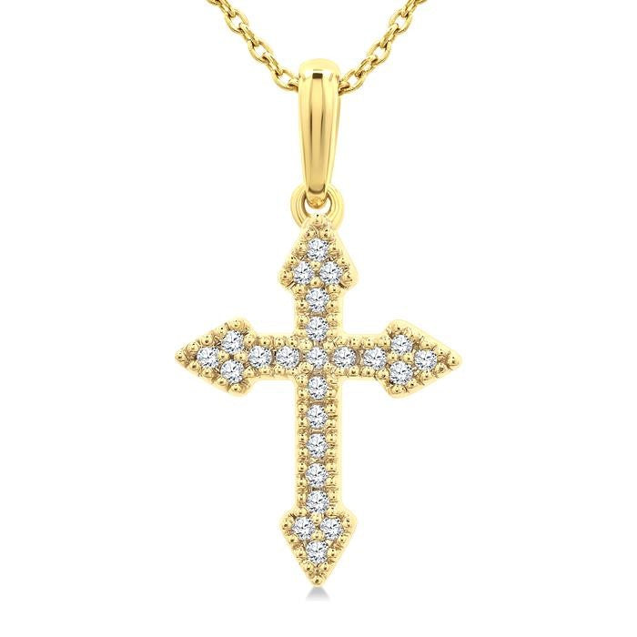 1/8 Ctw Round Cut Diamond Cross Petite Pendant With Chain in 10K Yellow Gold