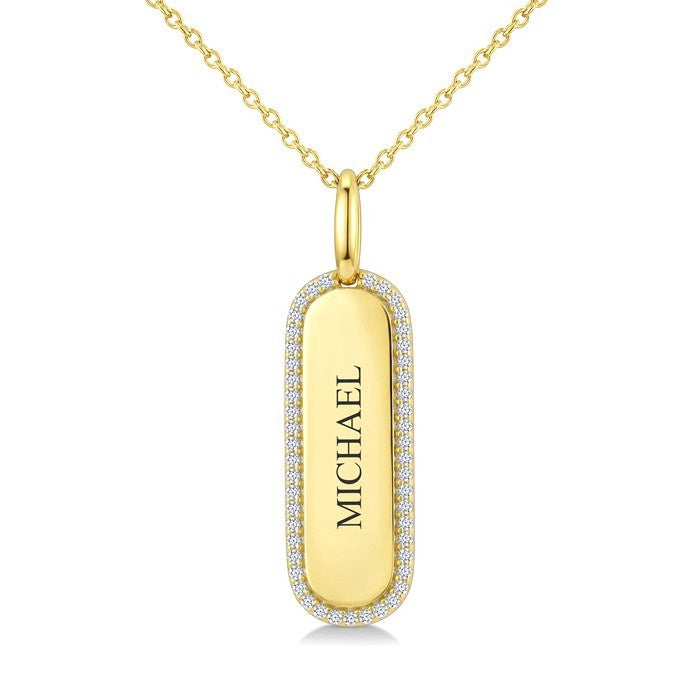 1/4 Ctw Round Cut Diamond 'Michael' Engraved Tag Name Pendant With Chain in 10K Yellow Gold