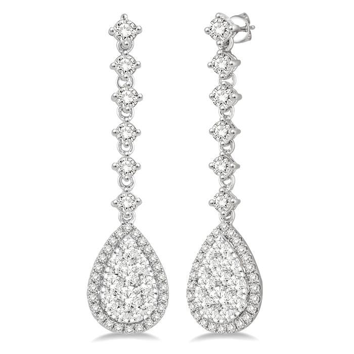 1 Ctw Pear Shape Dangler Round Cut Diamond Shine Bright Earrings in 14K White Gold