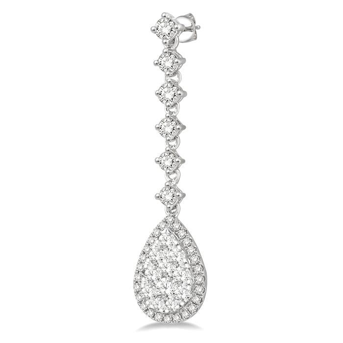 1 Ctw Pear Shape Dangler Round Cut Diamond Shine Bright Earrings in 14K White Gold