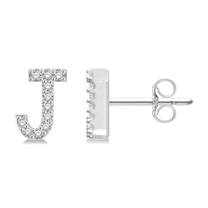 1/10 Ctw Initial 'J' Round Cut Diamond Earrings in 10K White Gold