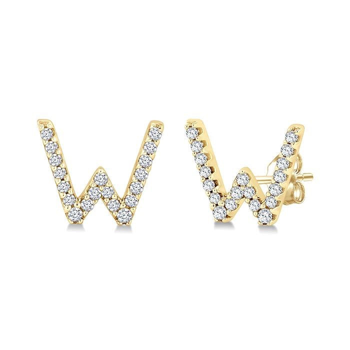 1/8 Ctw Initial 'W' Round Cut Diamond Earrings in 10K Yellow Gold