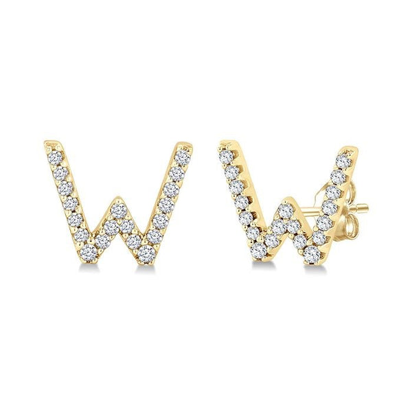 1/8 Ctw Initial 'W' Round Cut Diamond Earrings in 10K Yellow Gold