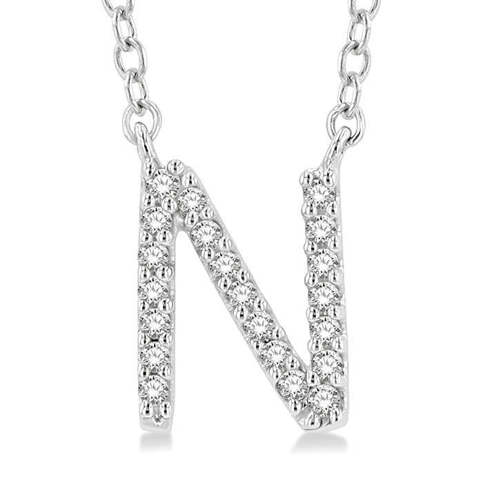 1/20 Ctw Initial 'N' Round Cut Diamond Pendant With Chain in 14K White Gold