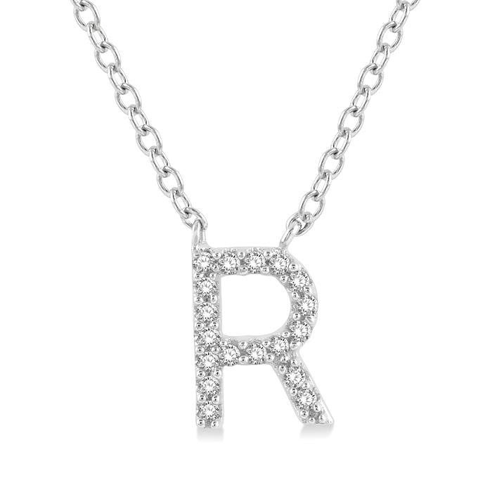 1/20 Ctw Initial 'R' Round Cut Diamond Pendant With Chain in 14K White Gold