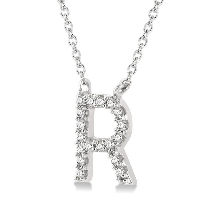 1/20 Ctw Initial 'R' Round Cut Diamond Pendant With Chain in 14K White Gold