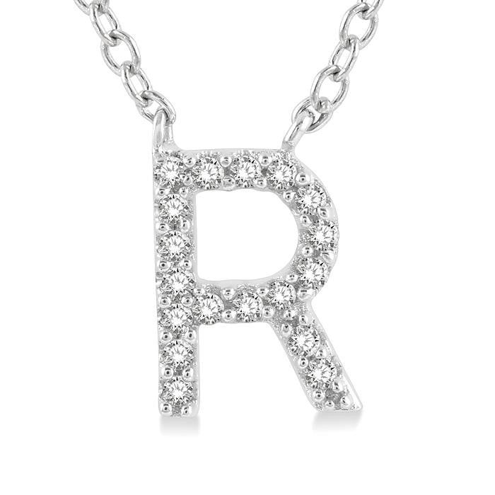 1/20 Ctw Initial 'R' Round Cut Diamond Pendant With Chain in 14K White Gold