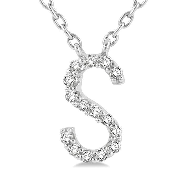 1/20 Ctw Initial 'S' Round Cut Diamond Pendant With Chain in 14K White Gold