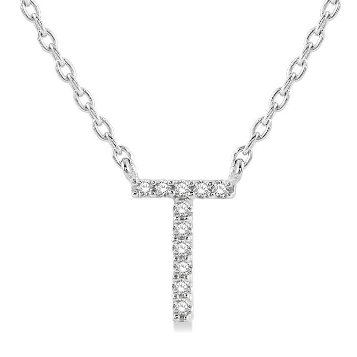 1/20 Ctw Initial 'T' Round Cut Diamond Pendant With Chain in 14K White Gold