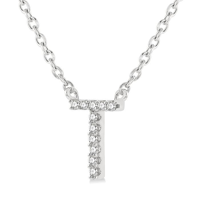 1/20 Ctw Initial 'T' Round Cut Diamond Pendant With Chain in 14K White Gold