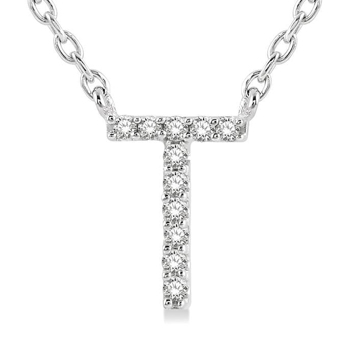 1/20 Ctw Initial 'T' Round Cut Diamond Pendant With Chain in 14K White Gold
