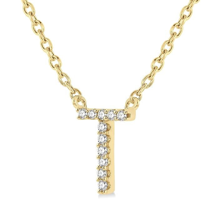 1/20 Ctw Initial 'T' Round Cut Diamond Pendant With Chain in 14K Yellow Gold
